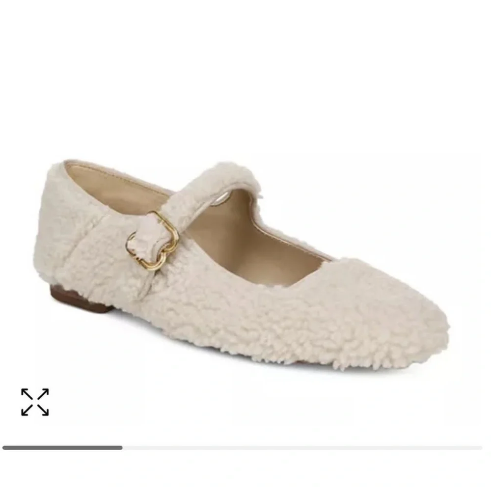 Cream Faux-Shearling Mary Jane Flats